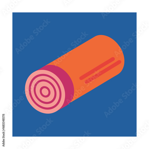 Rolled up yoga mat with pink and orange colors on blue background