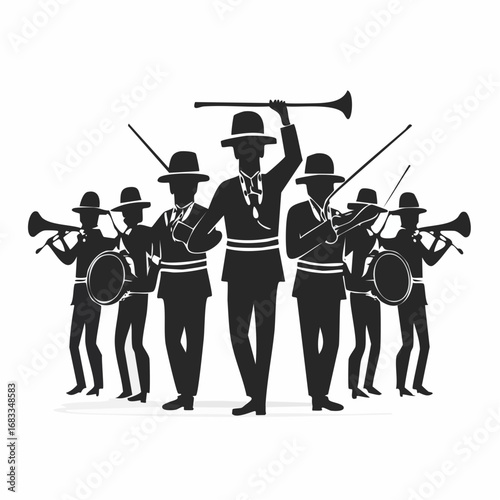 Marching band silhouette. A group of musicians in a marching band, each playing different instruments like drums, brass, and woodwinds, depicted in black silhouettes. clipart illustration design.