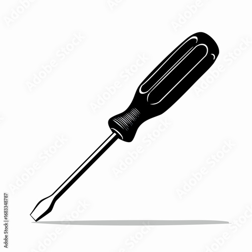 Screwdriver silhouette. This image showcases a bold black silhouette of a screwdriver, highlighting its sturdy handle and pointed tip. Vector clipart illustration design.