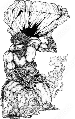 Grayscale vector image of Zeus lifting a large rock, with smoke and dust billowing around his body.