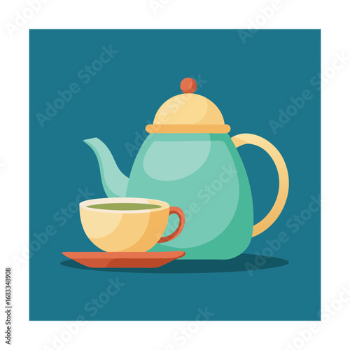 Teal teapot and cup with green tea on dark blue background