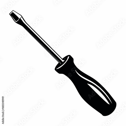Screwdriver silhouette. This image showcases a bold black silhouette of a screwdriver, highlighting its sturdy handle and pointed tip. Vector clipart illustration design.