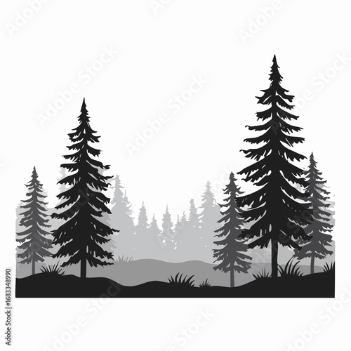 Forest scene silhouette. This image depicts a serene forest with tall trees in a grayscale silhouette, showcasing a tranquil and natural woodland landscape. Vector clipart illustration design.