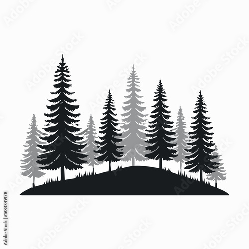 Forest scene silhouette. This image depicts a serene forest with tall trees in a grayscale silhouette, showcasing a tranquil and natural woodland landscape. Vector clipart illustration design.