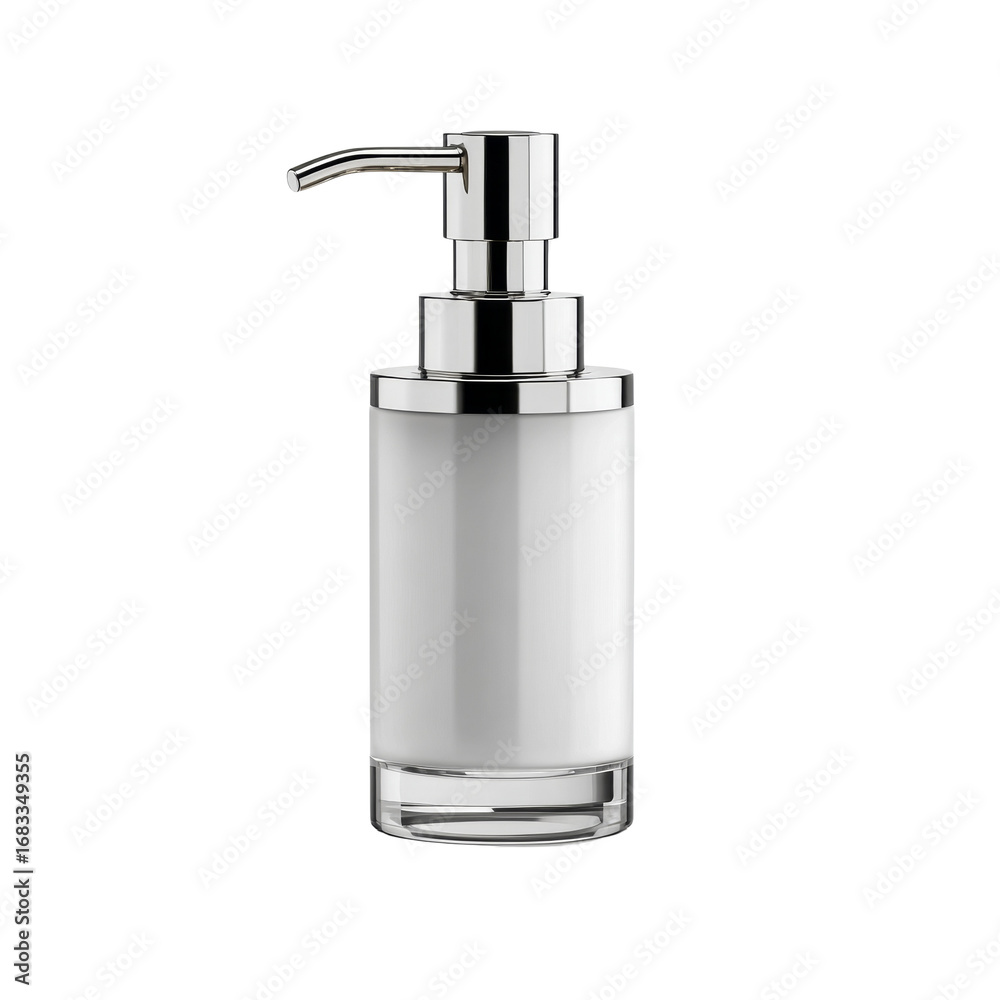 Obraz premium Sleek hand soap dispenser with reflective accents against a minimalist presentation, ideal for