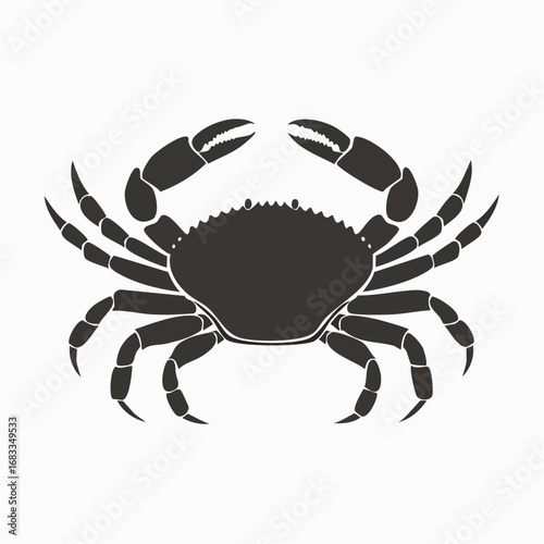Crab Silhouette. This image shows a black silhouette of a crab with prominent claws and legs, also referred to as a crustacean outline or marine animal. Vector clipart illustration design.