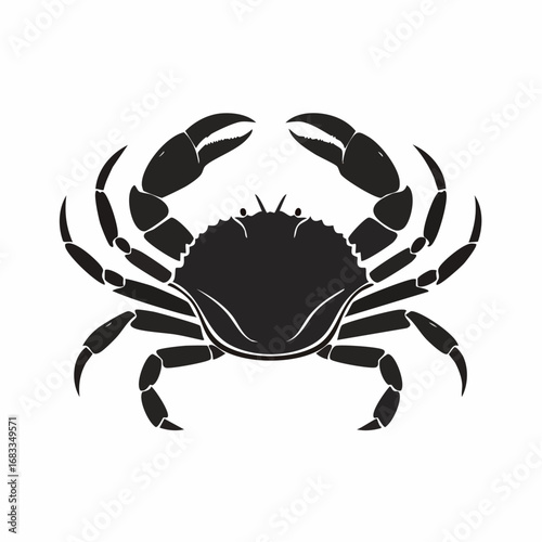 Crab Silhouette. This image shows a black silhouette of a crab with prominent claws and legs, also referred to as a crustacean outline or marine animal. Vector clipart illustration design.