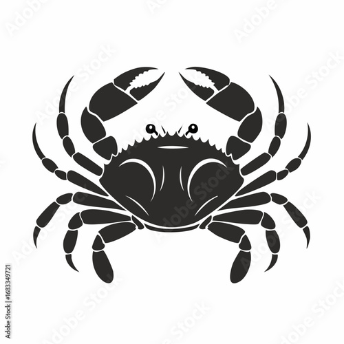 Crab Silhouette. This image shows a black silhouette of a crab with prominent claws and legs, also referred to as a crustacean outline or marine animal. Vector clipart illustration design.