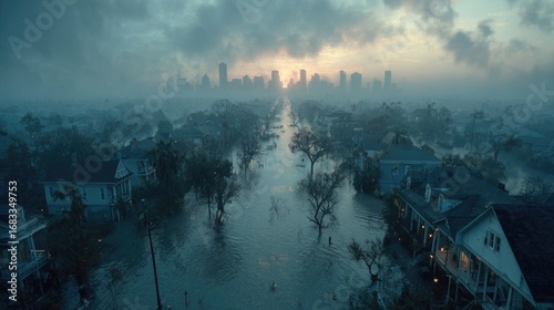 Aerial View of Flooded Cityscape at Dawn with Dramatic Sky
