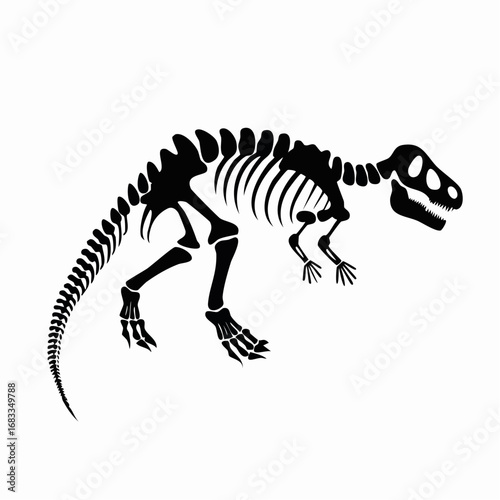 Dinosaur bone silhouette. A black silhouette image of a dinosaur skeleton, also known as a fossil or prehistoric remains, highlighting its detailed bone structure. Vector clipart illustration design.