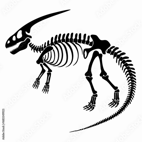 Dinosaur bone silhouette. A black silhouette image of a dinosaur skeleton, also known as a fossil or prehistoric remains, highlighting its detailed bone structure. Vector clipart illustration design.