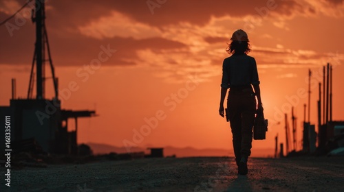 Silhouette of Woman Walking at Sunset with Toolbox in Hand