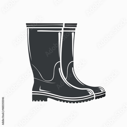 Wellies silhouette. This image shows a black silhouette of wellies, also referred to as rubber boots or rain boots, symbolizing waterproof footwear. Vector clipart illustration design.