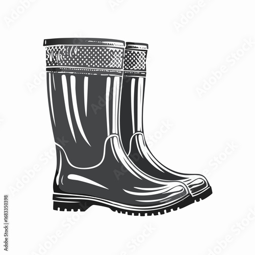 Wellies silhouette. This image shows a black silhouette of wellies, also referred to as rubber boots or rain boots, symbolizing waterproof footwear. Vector clipart illustration design.
