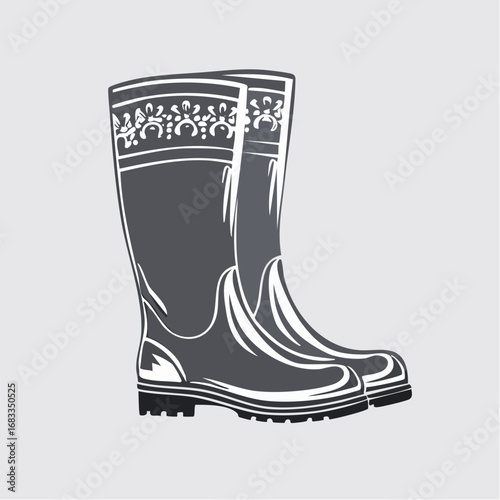 Wellies silhouette. This image shows a black silhouette of wellies, also referred to as rubber boots or rain boots, symbolizing waterproof footwear. Vector clipart illustration design.