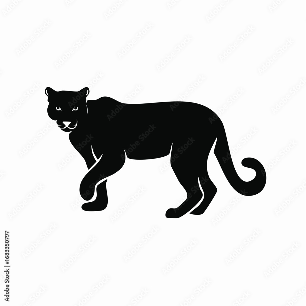 Obraz premium Mountain lion silhouette. This image shows a black silhouette of a mountain lion, also known as a cougar or puma, in a walking stance. Vector clipart illustration design.