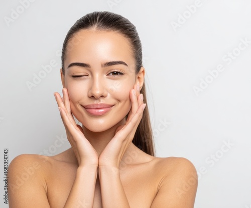 A woman displays flawless skin and a gentle smile, her hands gently caressing her cheeks.