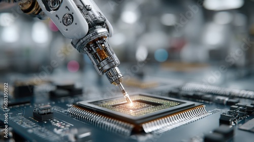 Robotic Arm Installing Microchip on Circuit Board in Technology Environment