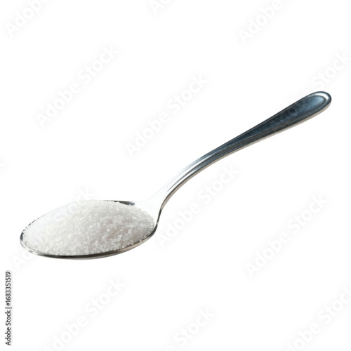 A silver metal teaspoon containing a small pile of fine on transparent background