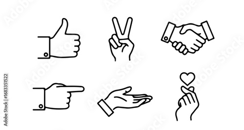 Vector icon set of hand gestures like thumbs up, peace sign, handshake, and love heart. Minimal clean outline style, editable stroke, isolated on white background.
