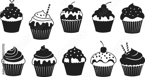 Cupcake silhouette icons, black and white cupcakes, dessert vector clipart, bakery sweets illustration, cherry cupcake design, frosting art, muffin set