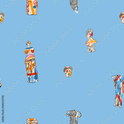 Hand drawn vector abstract graphic, greek ancient sculpture statues and column line art modern seamless pattern.Antique graffiti psychedelic sculpture in trendy style.Antique statue design background.