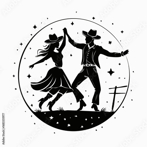 Country dance silhouette. This image shows a black silhouette of two people dancing in a traditional country style, wearing cowboy hats and boots. Vector clipart illustration design.