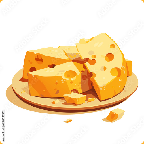 Vector illustration of bright yellow cheese wedge with holes on a plate. Vector illustration on white background