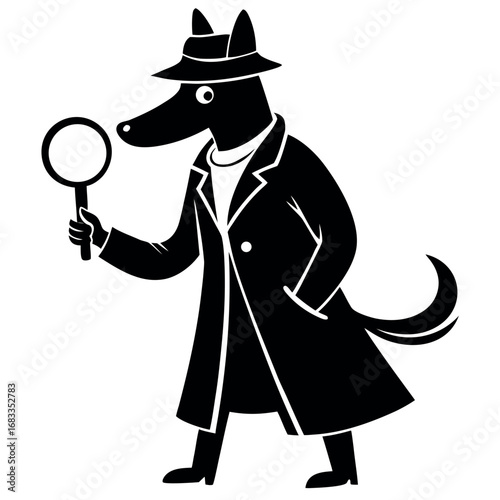 A mysterious dog detective in a classic trench coat and fedora hat, a clever canine investigator searching for clues with a magnifying glass.