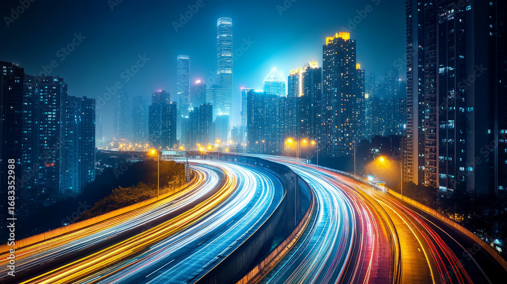 Naklejka premium A night cityscape with blurred light trails from traffic on a highway through the city skyline