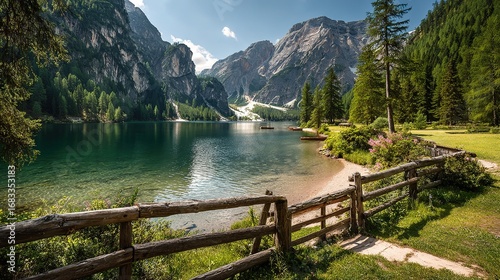 Lake Braies in Dolomites landscape with clear water, green shore, wooden fence, pine trees and mountain scenery