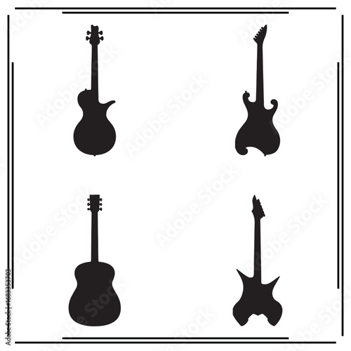 Silhouettes of Guitars, Black Guitar Illustrations, Electric Guitars, Acoustic Guitars, Musical Instruments Vectors, Guitar Icons, Music Art, String Instrument Graphics