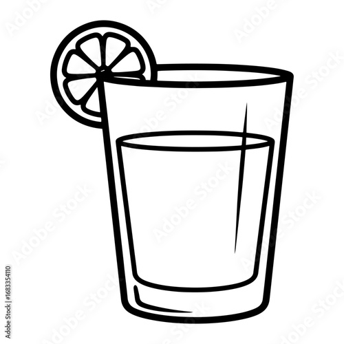A simple sketch image of a drinking glass with a lemon slice, which is great for children's art books, recipe cards, online cookbooks, and beverage brand campaigns.