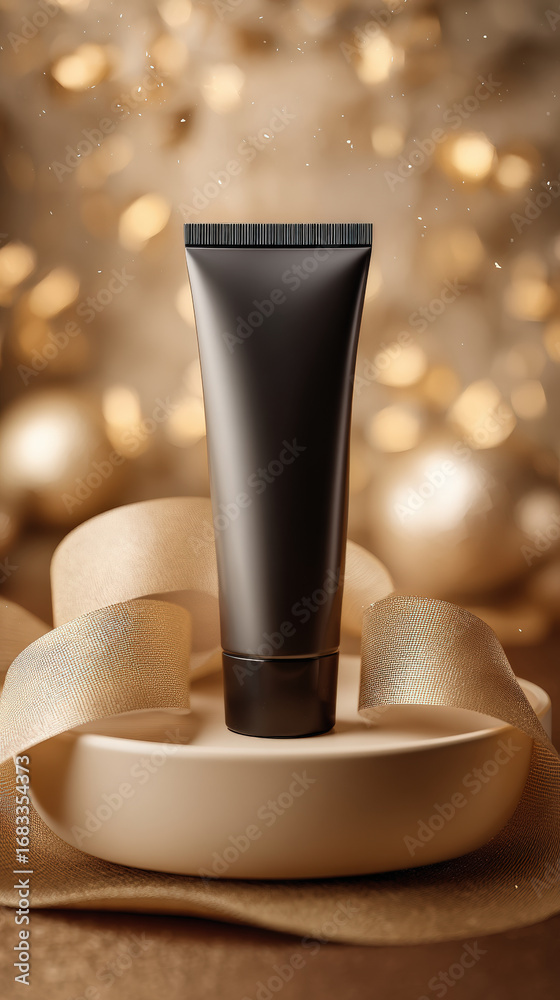 Naklejka premium Sleek, realistic sunscreen tube without any logos or text, elegantly placed on neutral plate surrounded by soft, warm bokeh lights, creating serene and inviting atmosphere