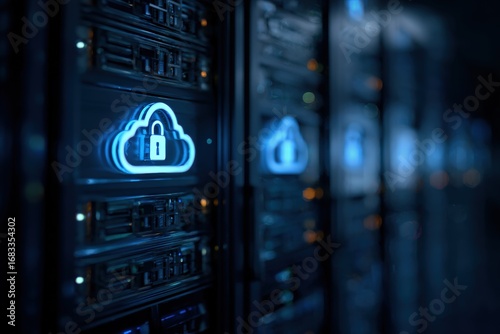 Close-up of server rack with glowing cloud and lock
