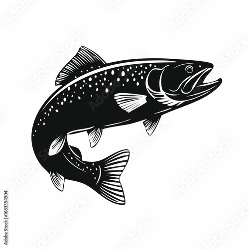 Trout silhouette. This image shows a trout fish, also referred to as a freshwater species or aquatic animal, with streamlined fins and an elegant body shape. Vector clipart black illustration design.