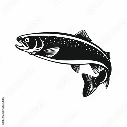 Trout silhouette. This image shows a trout fish, also referred to as a freshwater species or aquatic animal, with streamlined fins and an elegant body shape. Vector clipart black illustration design.