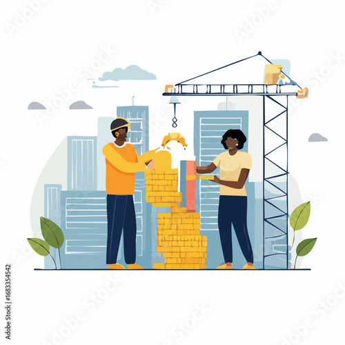 Two construction workers building a brick wall.