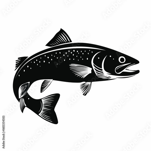 Trout silhouette. This image shows a trout fish, also referred to as a freshwater species or aquatic animal, with streamlined fins and an elegant body shape. Vector clipart black illustration design.