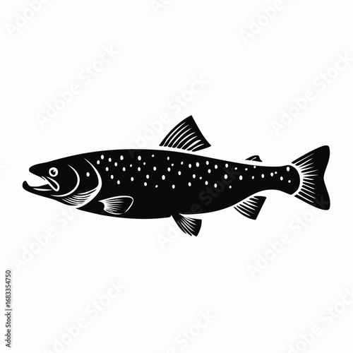 Trout silhouette. This image shows a trout fish, also referred to as a freshwater species or aquatic animal, with streamlined fins and an elegant body shape. Vector clipart black illustration design.