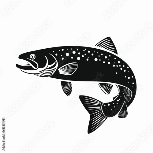 Trout silhouette. This image shows a trout fish, also referred to as a freshwater species or aquatic animal, with streamlined fins and an elegant body shape. Vector clipart black illustration design.