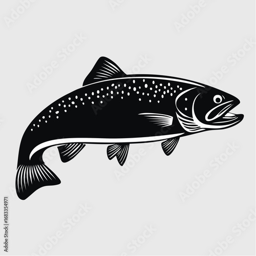 Trout silhouette. This image shows a trout fish, also referred to as a freshwater species or aquatic animal, with streamlined fins and an elegant body shape. Vector clipart black illustration design.