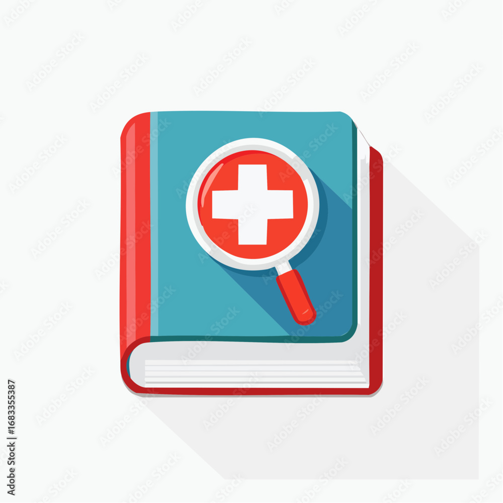 Obraz premium Medical textbook research, magnifying glass over a book with a plus sign.