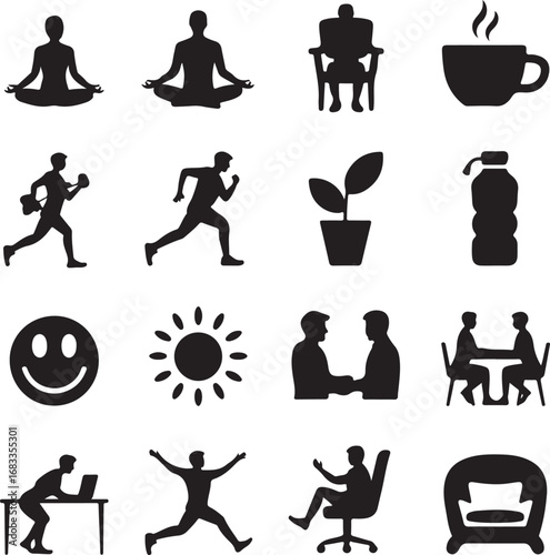 Lifestyle and wellness icons in a grid layout yoga meditation