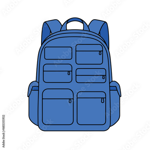A blue backpack illustration with multiple pockets and shoulder straps isolated against a white background