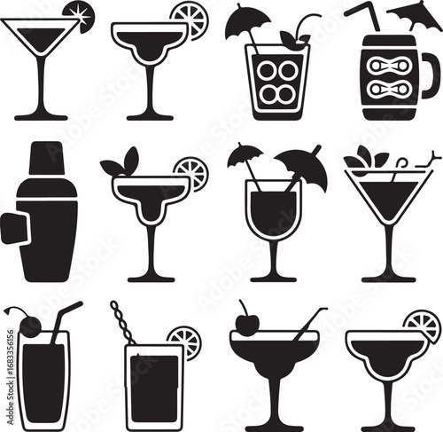 Assortment of cocktail and drink silhouette icons on white background beverage