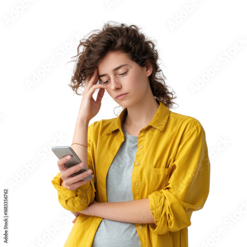 Woman worried while checking phone isoleted on transparent background.