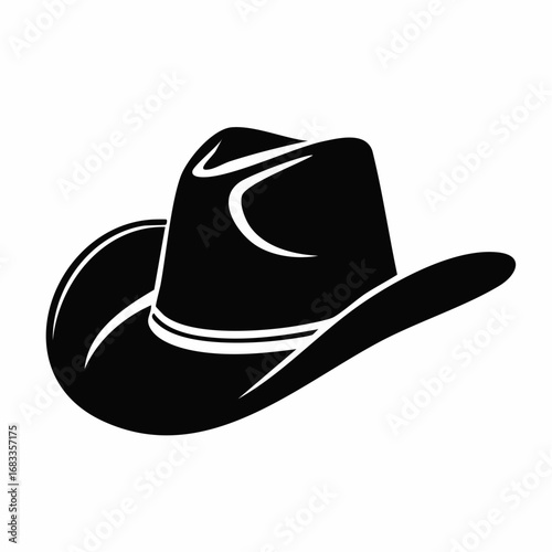 Western hat silhouette. This image shows a black silhouette of a traditional western cowboy hat with a wide brim and high crown, symbolizing rustic culture. Vector clipart illustration design.