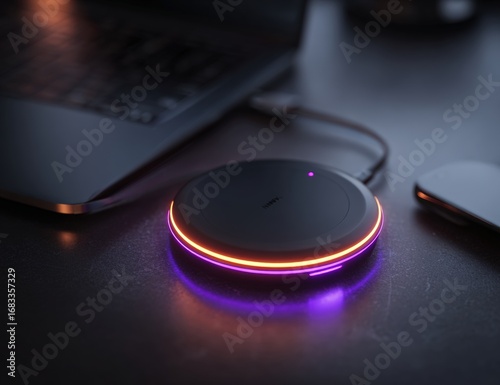 Wireless charging pad on a dark surface next to a laptop and phone