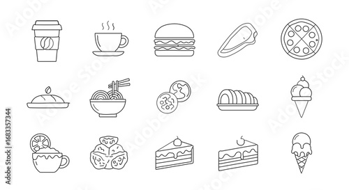 Clean vector icon set of food and drinks like coffee, burger, pizza, and ice cream. Simple line style, editable stroke, isolated on white background, scalable EPS.
